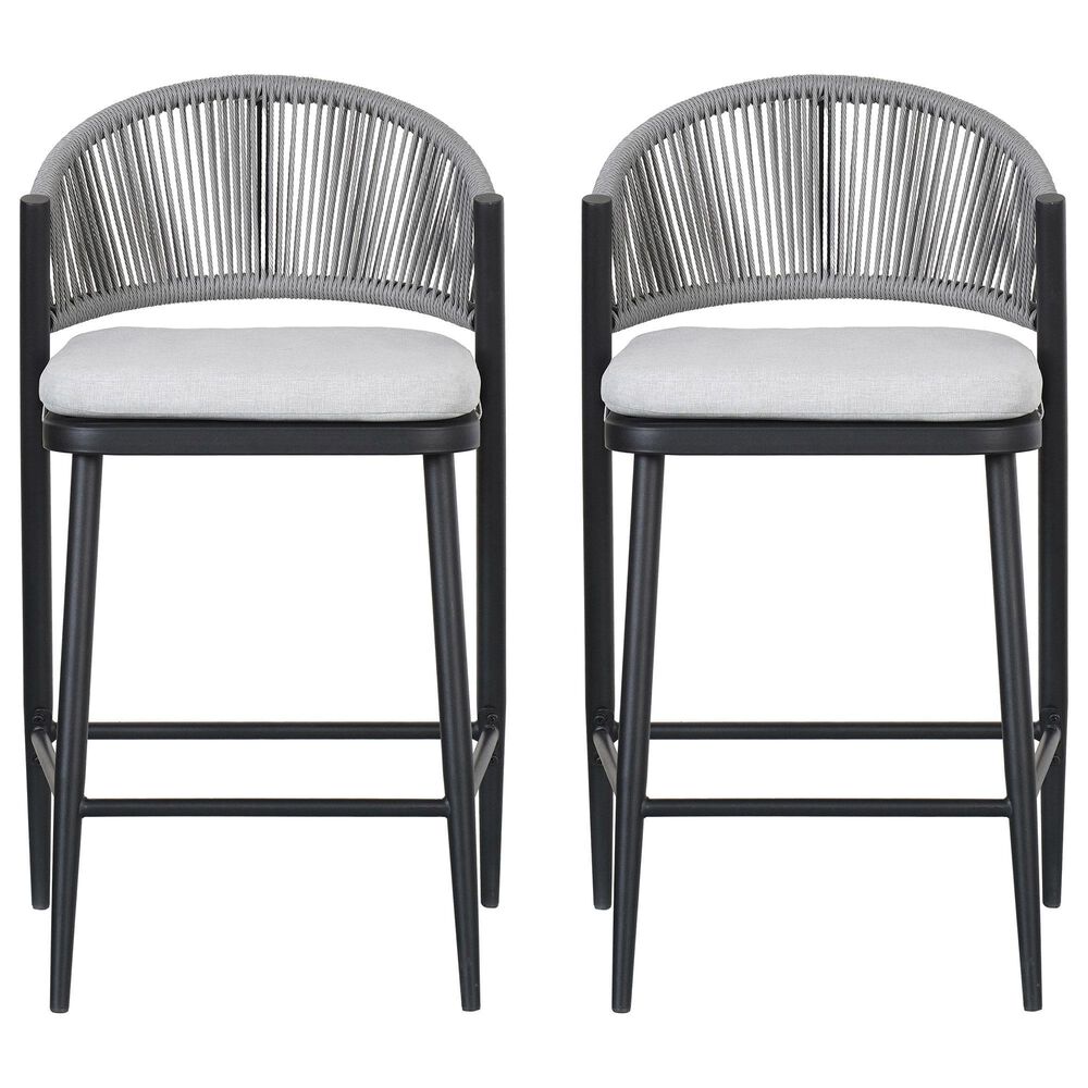 Hearth and Haven 26" Outdoor Counter Stool with Matte Black Frame in Light Gray (Set of 2), , large
