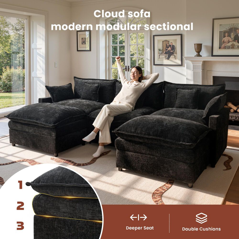 HOMLUX 107.87" Ultra-Comfort Chenille Sectional Sofa Set in Balck, , large