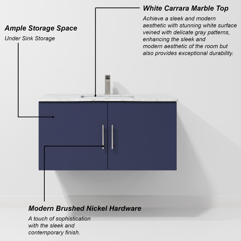 Lexora Home Geneva 36" Single Bathroom Vanity in Navy Blue with 2 cm White Carrara Marble Top and Rectangular Sink, , large