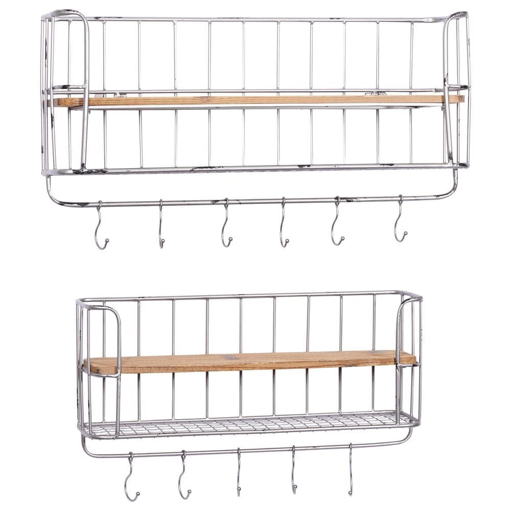 Maple and Jade Wall Shelf with Hooks in Grey and Brown (Set of 2), , large