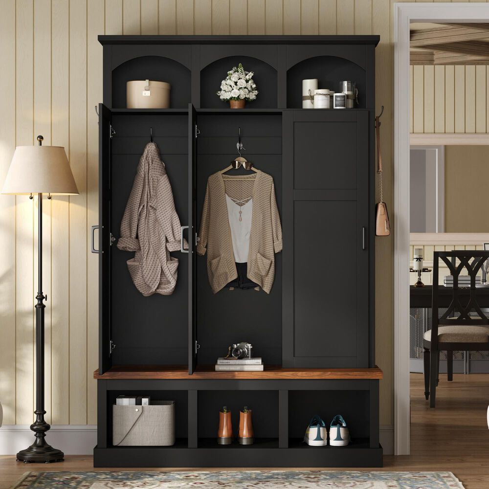 HOMLUX 5-Hook Hall Tree with 3 Hidden Storage in Black and Walnut, , large