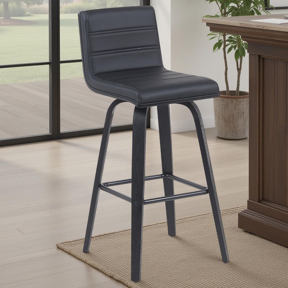Armen Living Vienna Swivel Bar Height Stool with Black Upholstery in Black Brushed, , large