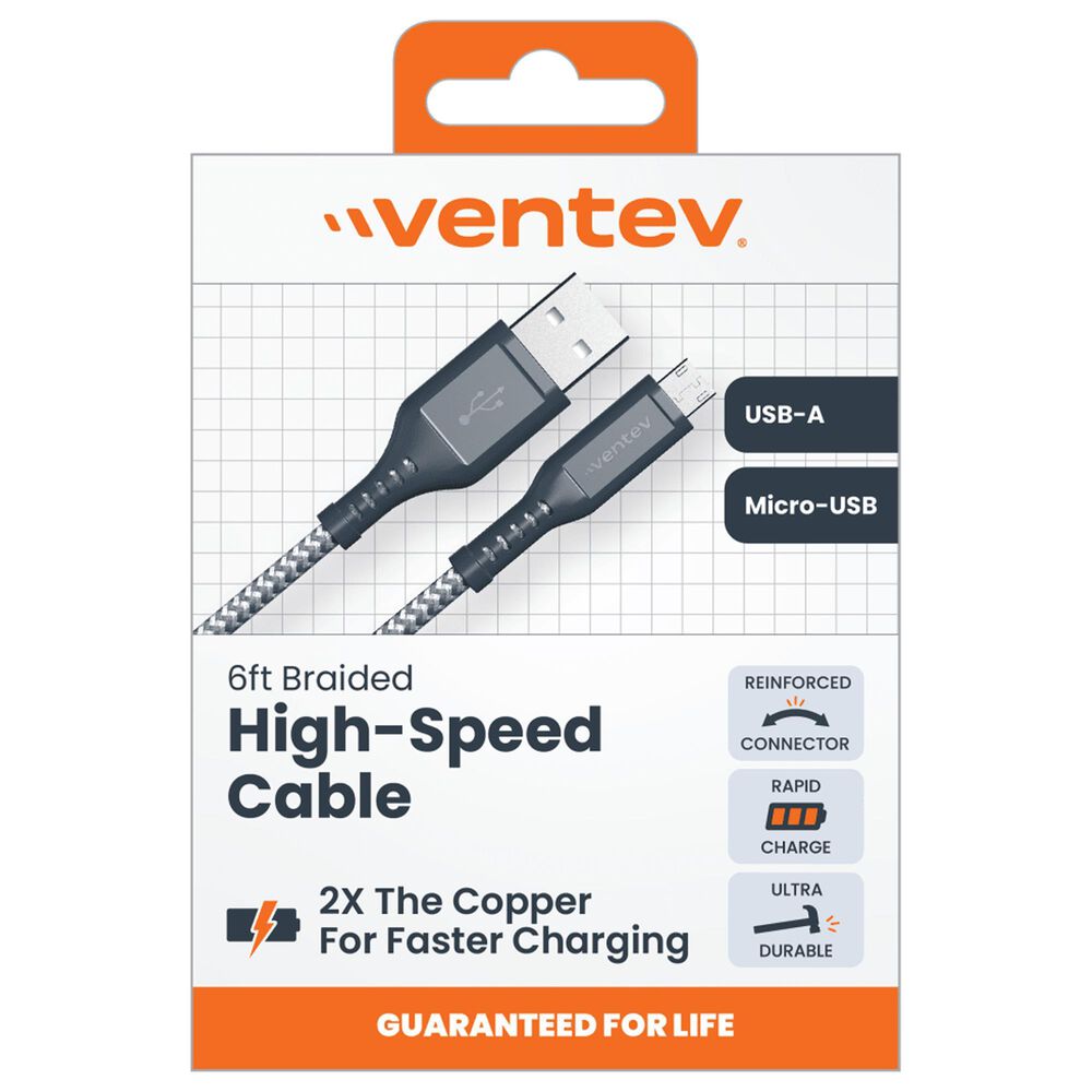 Ventev High Speed Usb A To Micro Usb Braided Cable With 2x The Copper For Faster Charging 6ft - Gray, , large