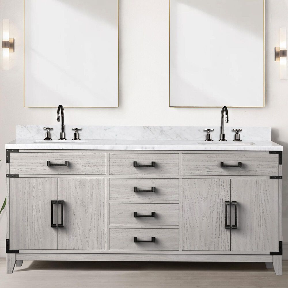 Lexora Home Laurel 72&quot; Double Bathroom Vanity in White Oak with White Carrara Marble Top and Rectangular Sinks, , large