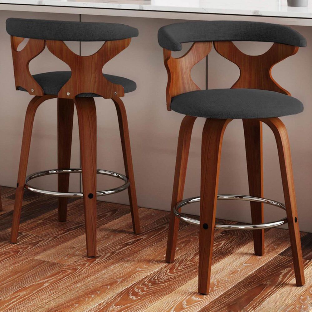 LumiSource Gardenia Swivel Fixed-Height Counter Stool with Charcoal Fabric Upholstery in Chrome and Walnut (Set of 2), , large