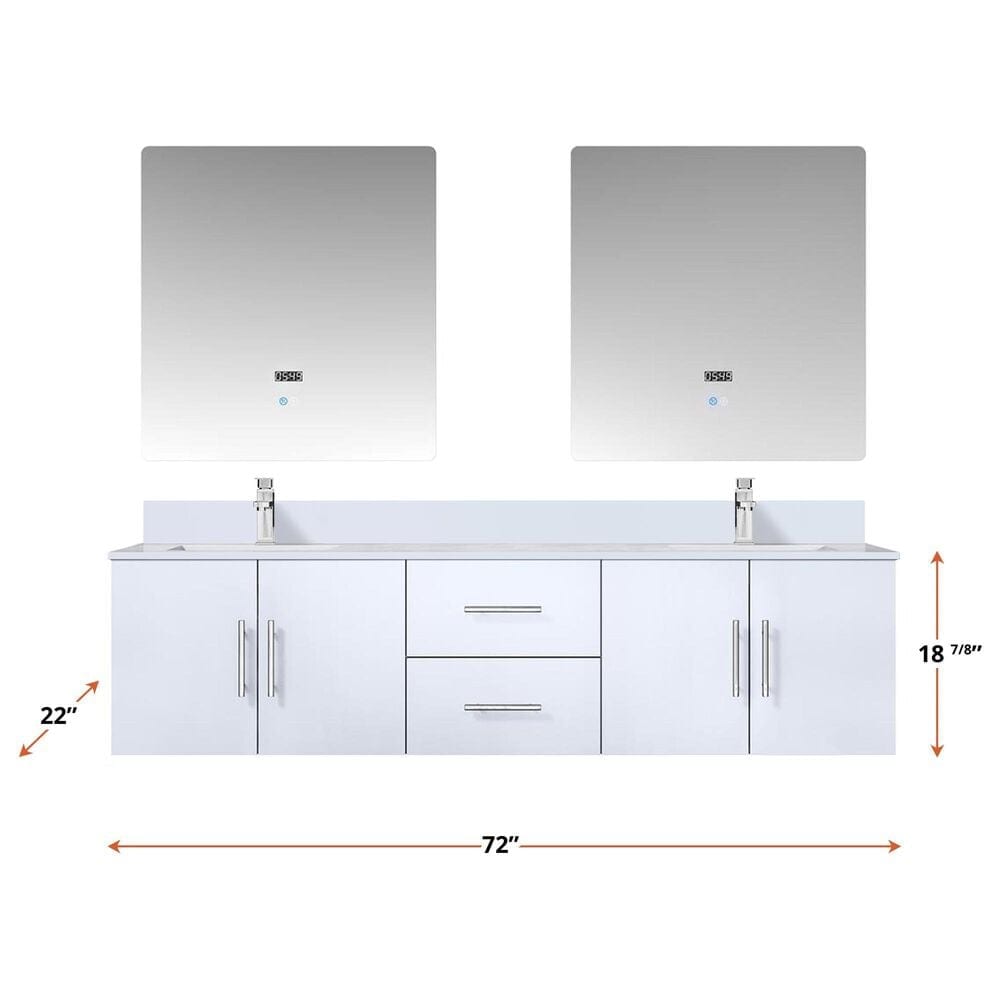 Lexora Home Geneva 72&quot; Double Bathroom Vanity in Glossy White with 2 cm White Cultured Marble Top, Rectangular Sinks and 30&quot; LED Mirrors, , large