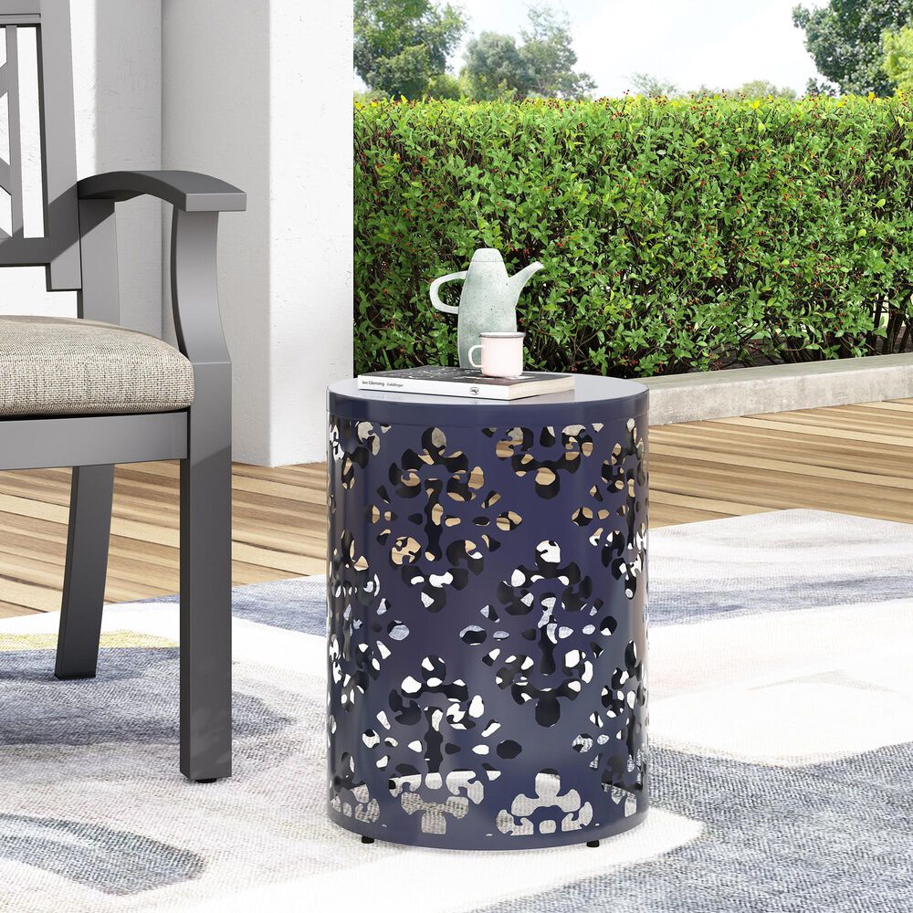 Hearth and Haven Outdoor End Table with Floral Pattern in Navy Blue, , large