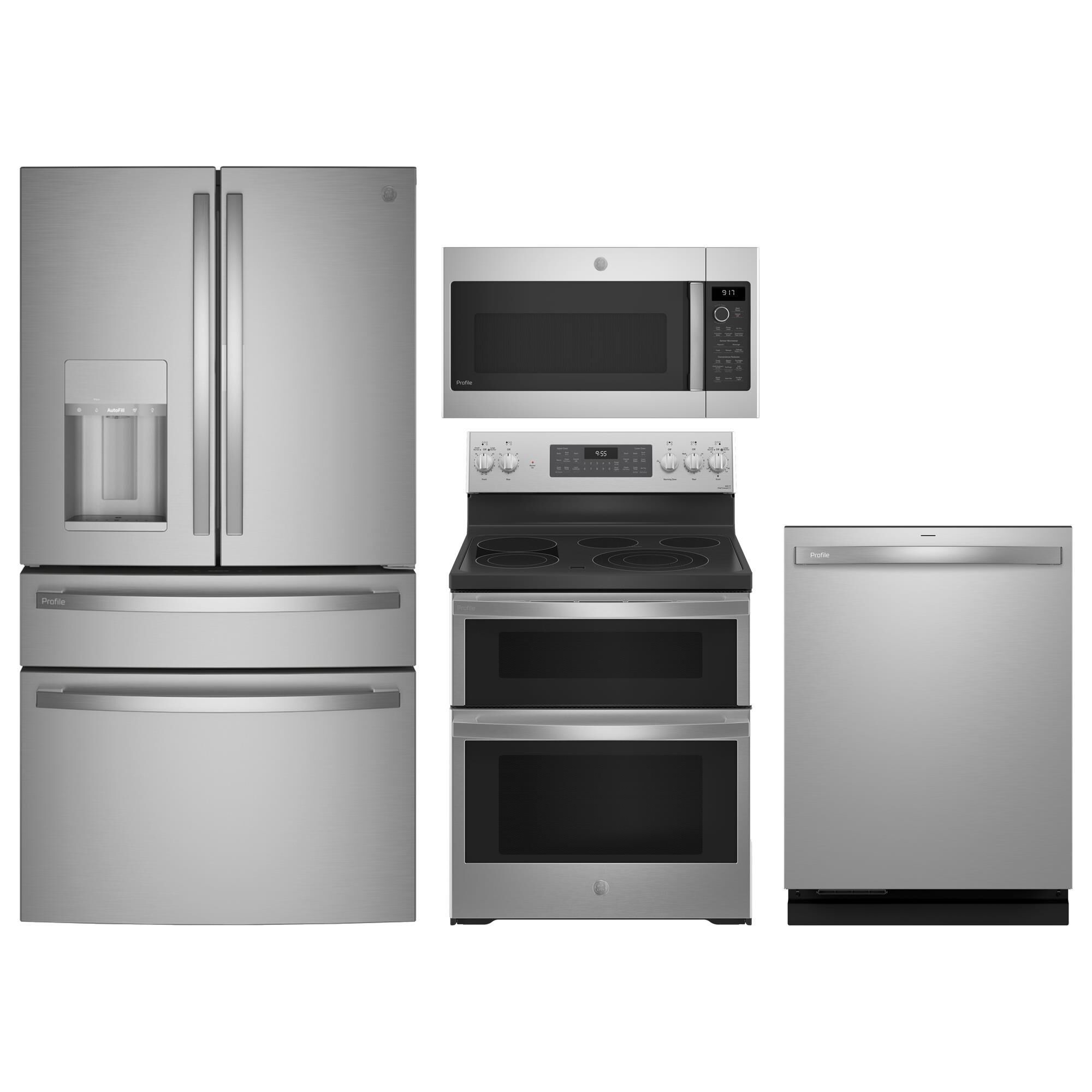 G.E. Profile 4pc Kitchen Package with Refrigerator Range Microwave and Dishwasher in Stainless Steel