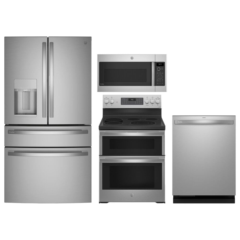 GE Profile 4pc Kitchen Package with Refrigerator, Range, Microwave, and Dishwasher in Stainless Steel, , large