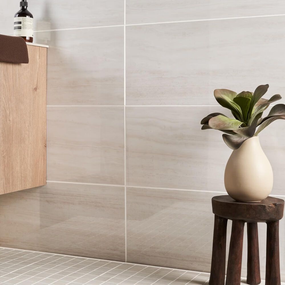 Soho Studio Zenit Bianco White 12" x 24" Travertine Look Polished Porcelain Tile, , large