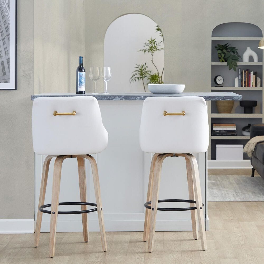 LumiSource Hannah Swivel Bar Stool with White Faux Leather Upholstery in Whitewashed and Black (Set of 2), , large