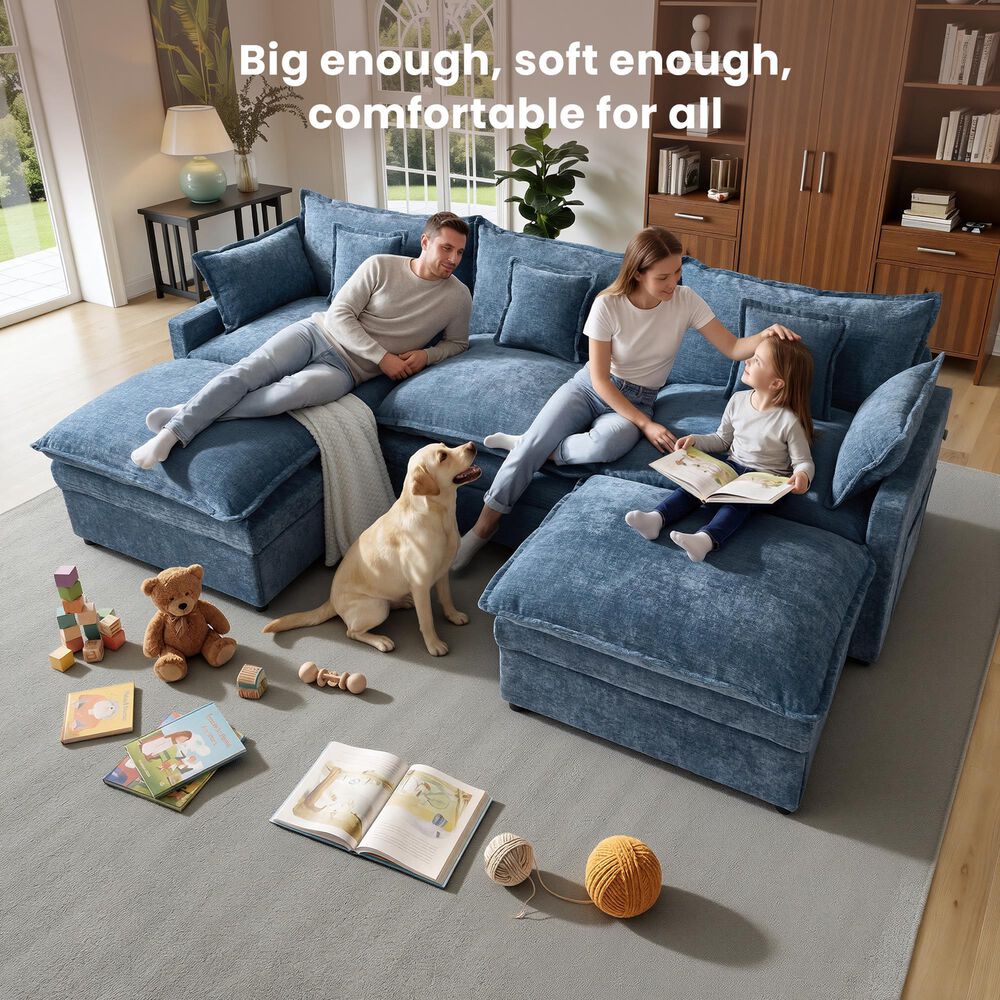 HOMLUX 107.87" Ultra-Comfort Chenille Sectional Sofa Set in Blue, , large