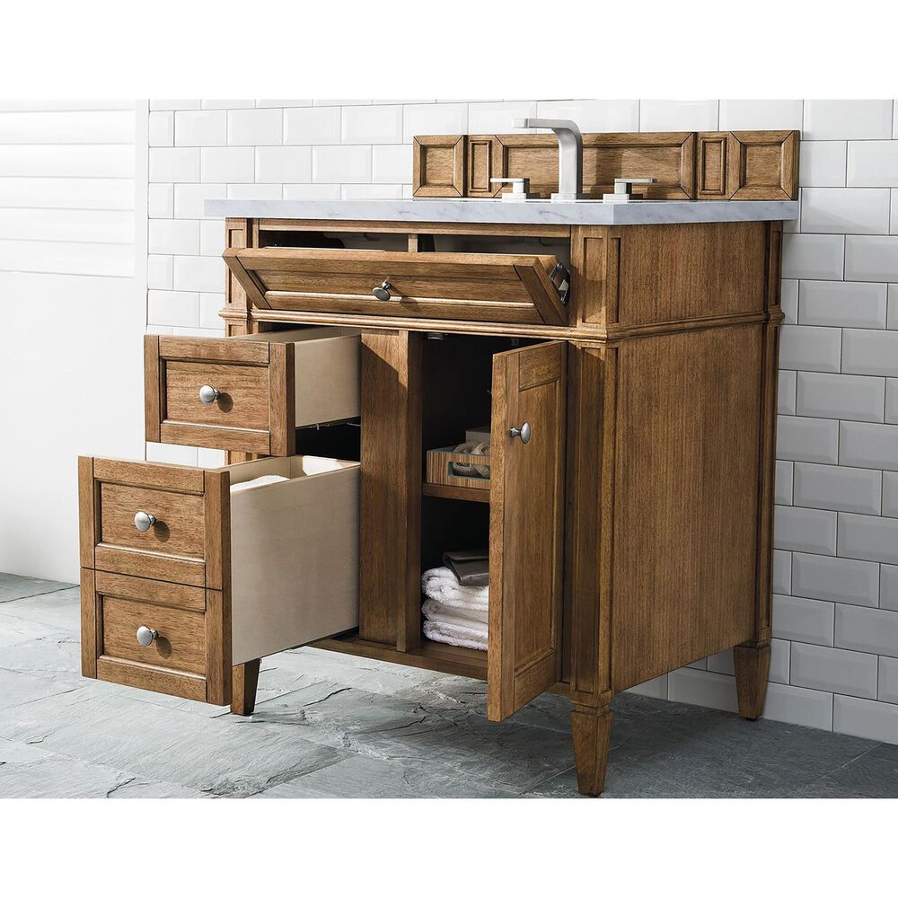 James Martin Vanities Brittany 30&quot; Single Bathroom Vanity in Saddle Brown with 3 cm Eternal Jasmine Pearl Quartz Top and Rectangular Sink, , large