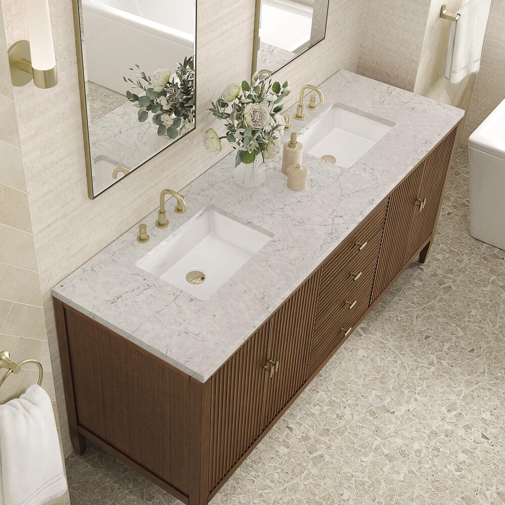James Martin Vanities Myrrin 72" Double Vanity in Mid-Century Walnut with 3 cm Eternal Jasmine Pearl Quartz Top, , large