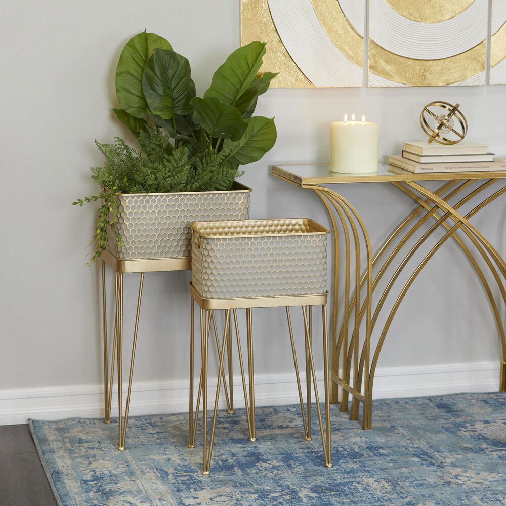 Maple and Jade Planter with Removable Stand in Gray and Gold Satin &#40;Set of 2&#41;, , large