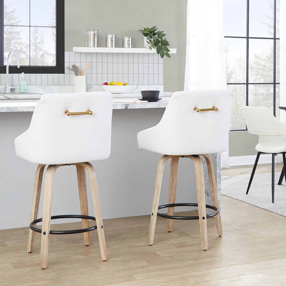 LumiSource Hannah Swivel Counter Stool with White Faux Leather Upholstery in Whitewashed and Black (Set of 2), , large