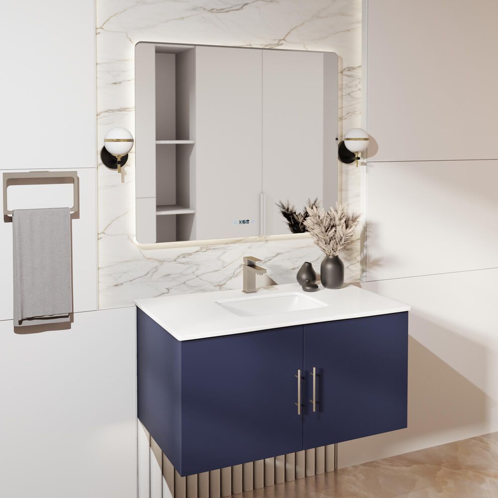 Lexora Home Geneva 36" Single Bathroom Vanity in Navy Blue with 2 cm White Cultured Marble Top and Rectangular Sink, , large