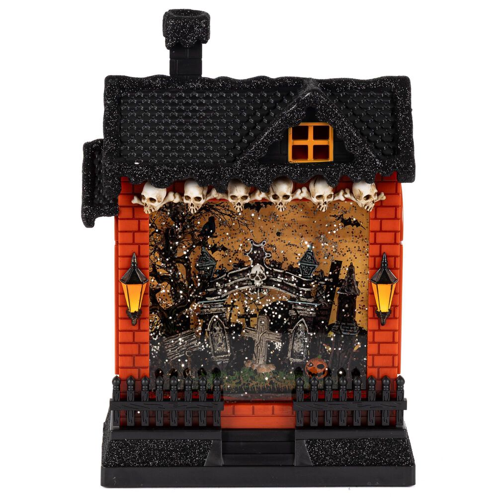 The Gerson Company 10&quot; Lighted Spinning Water Globe Haunted House in Black and Orange, , large