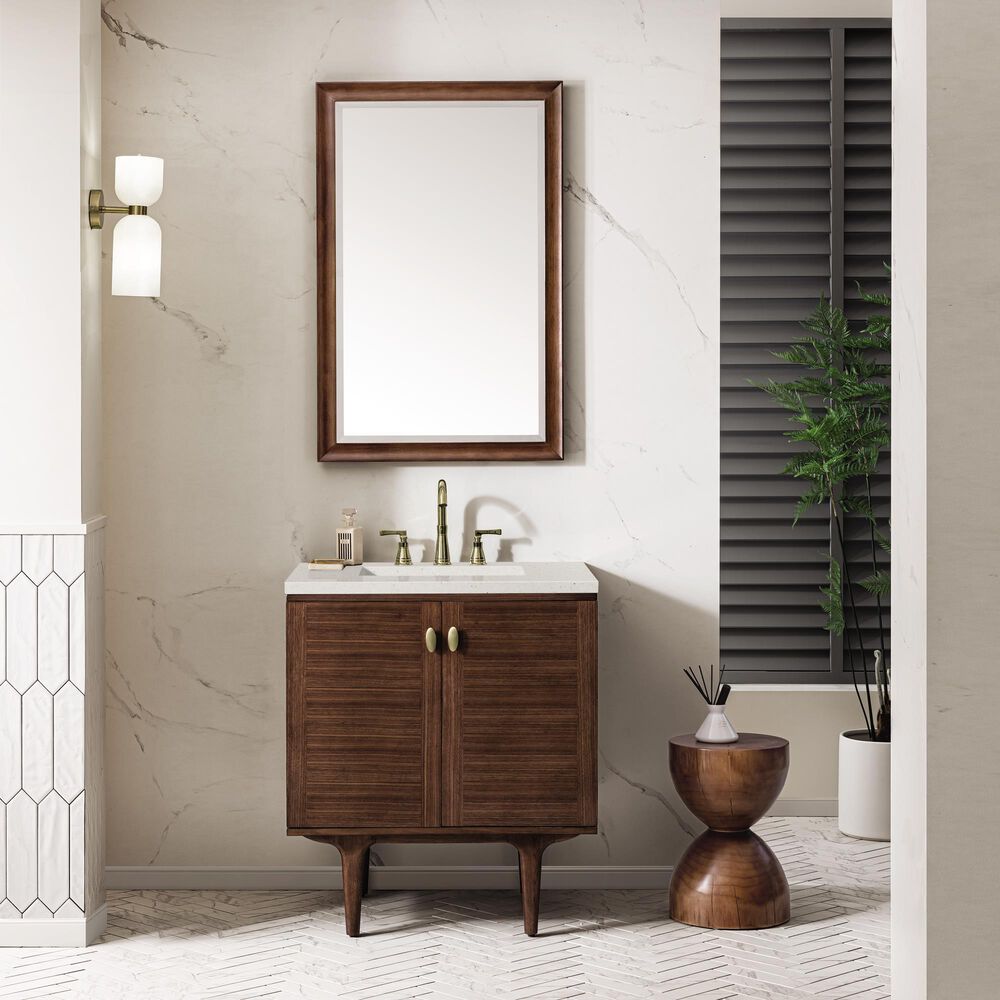 James Martin Vanities Amberly 30&quot; Single Bathroom Vanity in Mid-Century Walnut with 3 cm Lime Delight Quartz Top and Rectangular Sink, , large