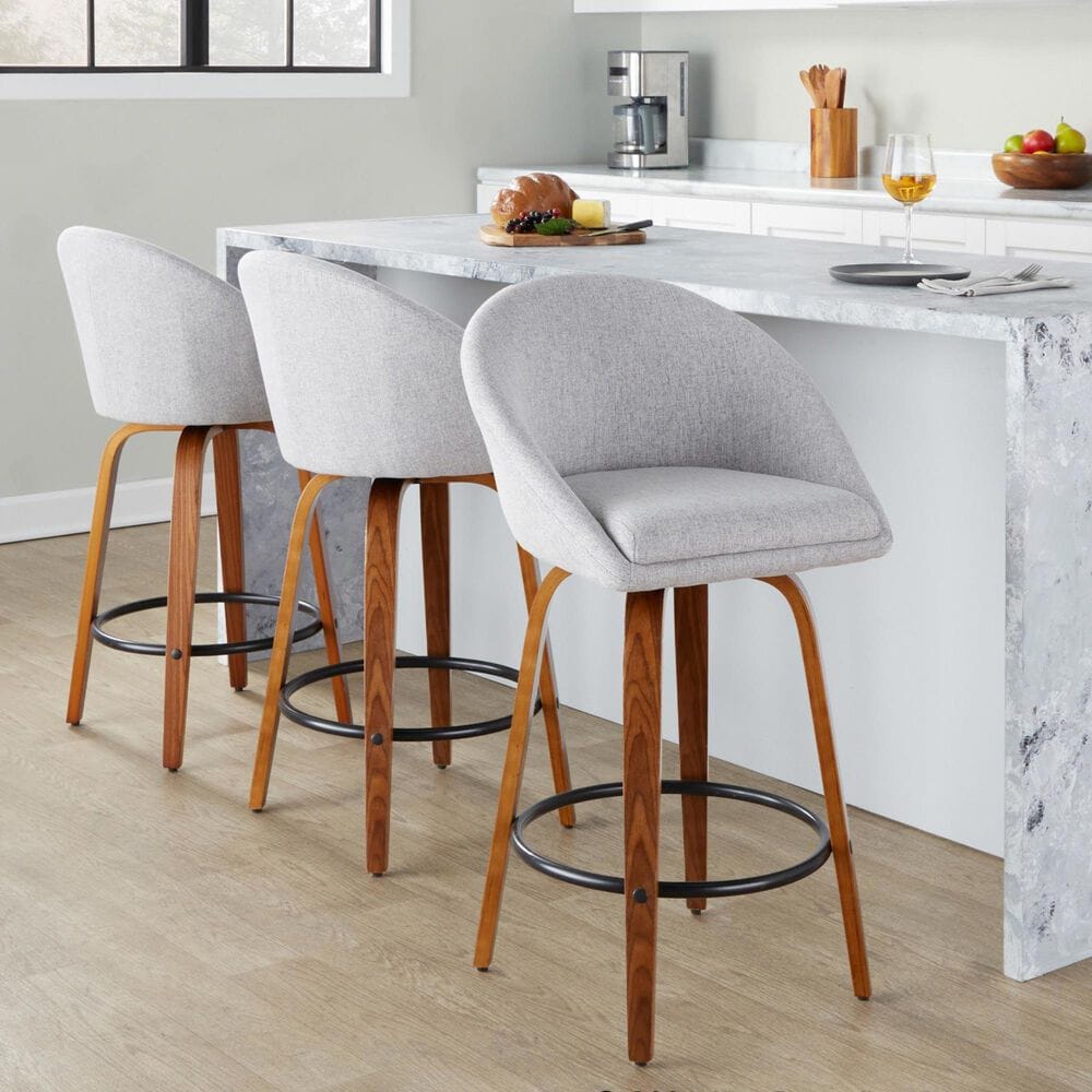 LumiSource Matisse 26" Swivel Counter Stool with Grey Fabric Upholstery in Walnut and Black (Set of 2), , large