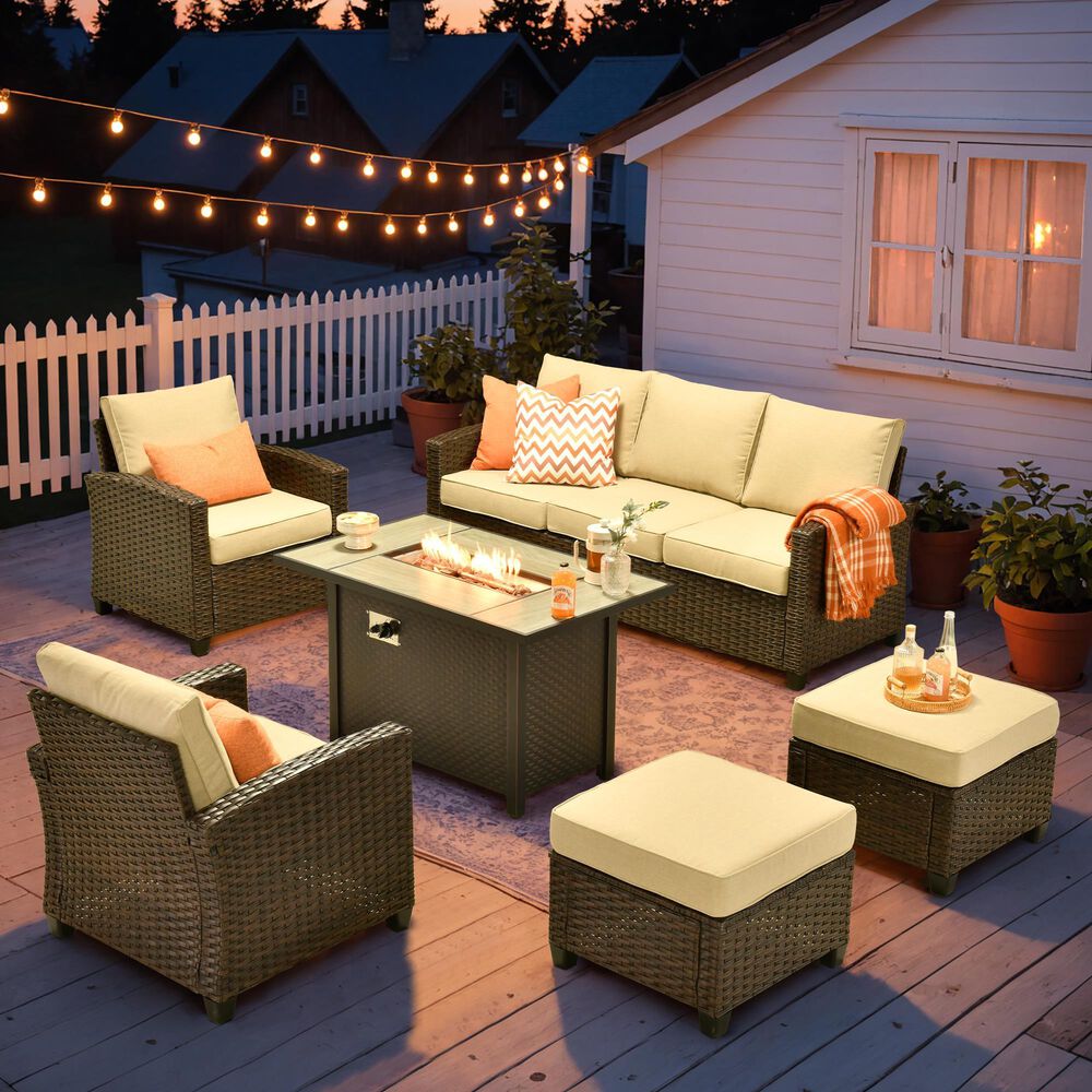 HOMLUX 6-Piece Patio Conversation Set with 42" Fire Pit Table and Light Brown Wicker in Beige, , large