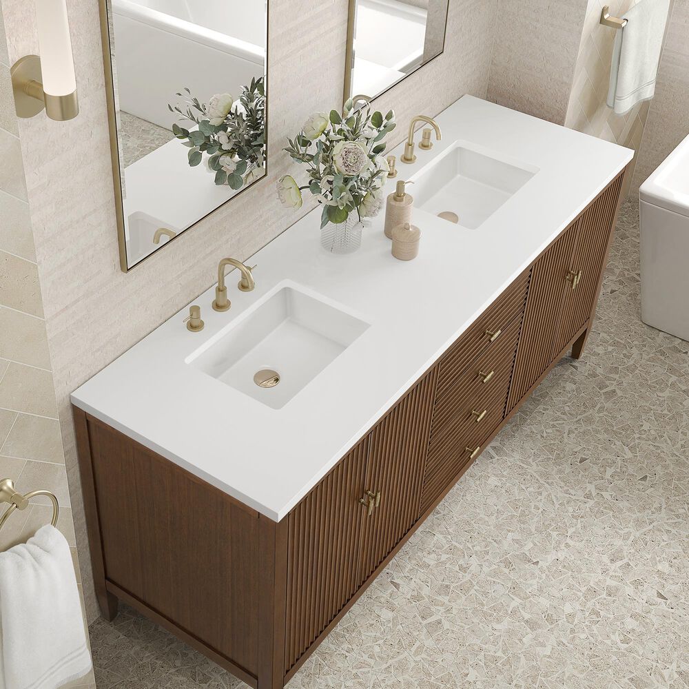 James Martin Vanities Myrrin 72&quot; Double Vanity in Mid-Century Walnut with 3 cm White Zeus Quartz Top, , large