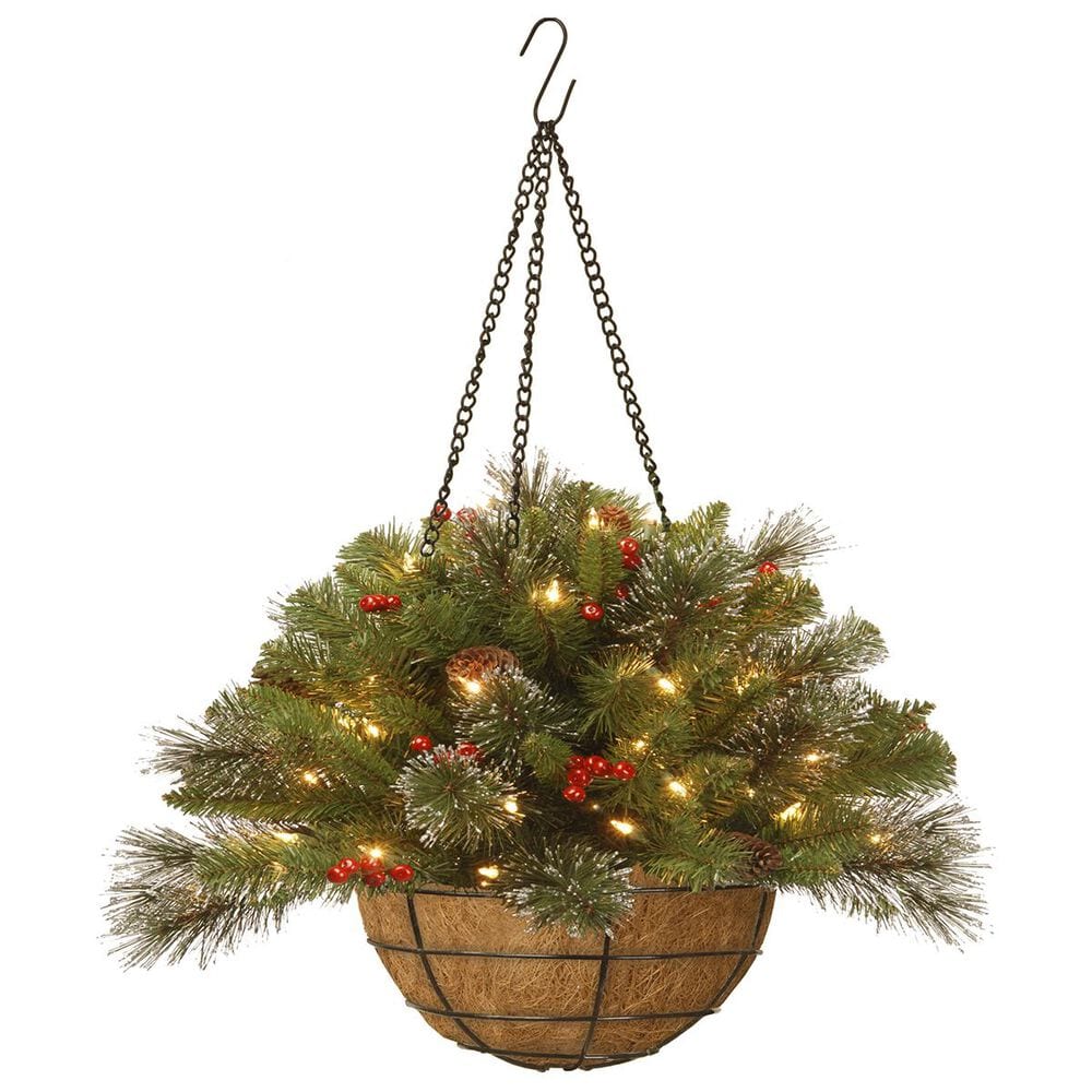 National Tree 20" Crestwood Spruce Hanging Basket with Battery Operated Warm White LED Lights, , large