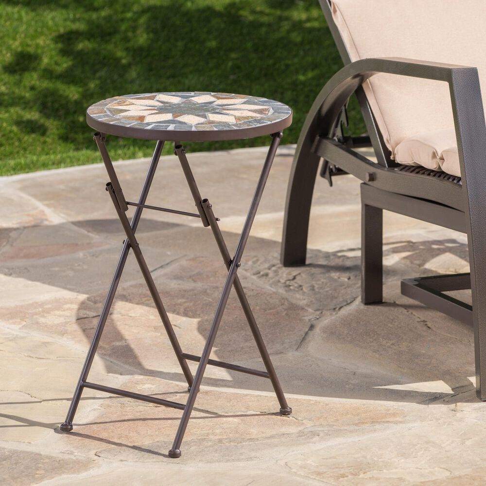 Hearth and Haven Silvester Outdoor Round Folding End Table in Beige and Black, , large