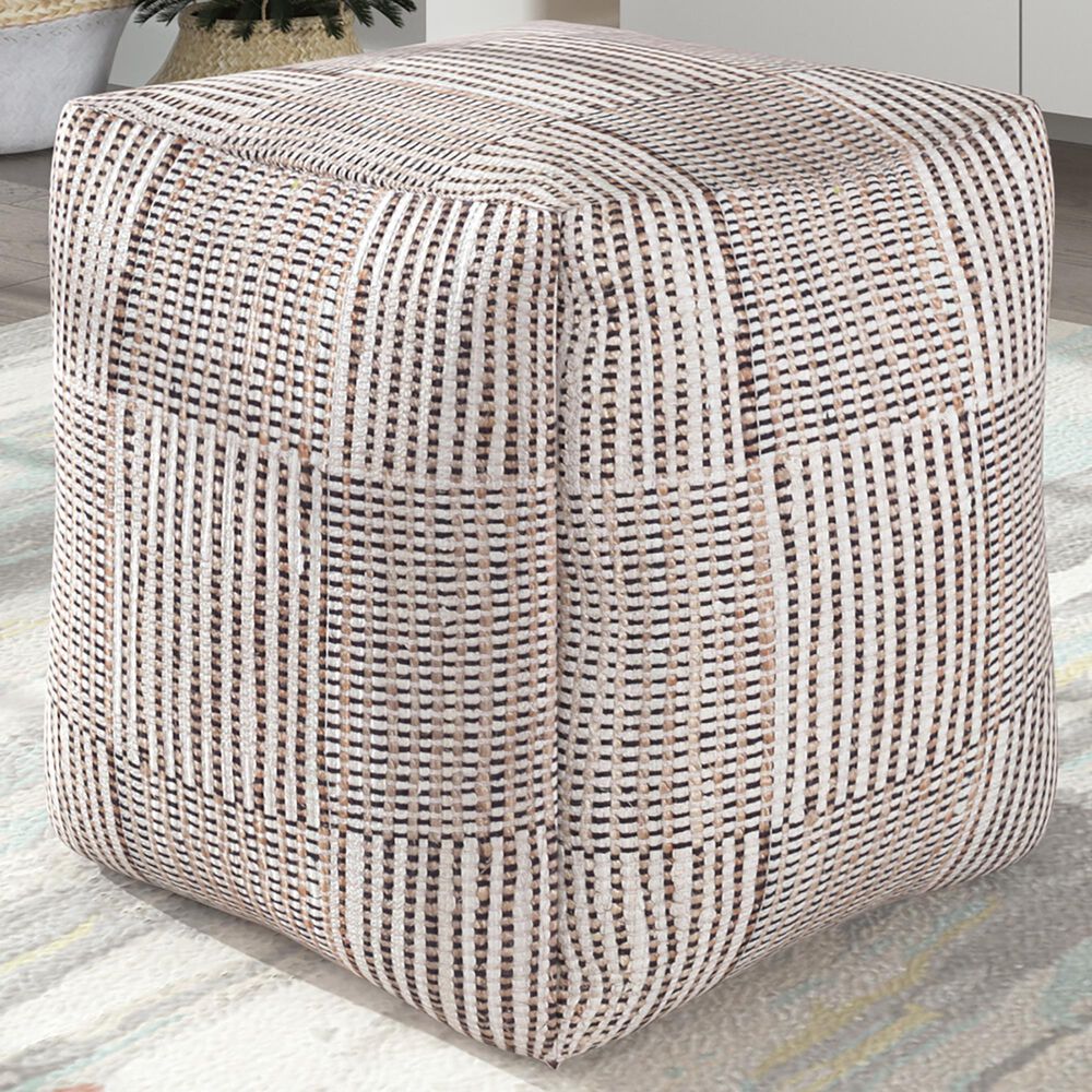 LR Home 18" Square Checkered Pouf in Cream and Black, , large
