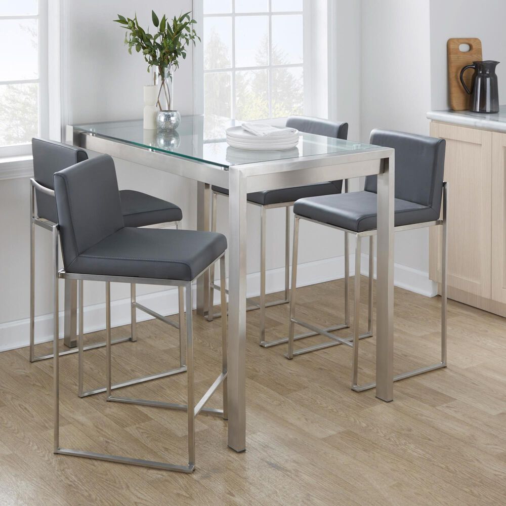Lumisource Fuji Stackable Counter Stool with Grey Faux Leather Cushion in Brushed Stainless Steel &#40;Set of 2&#41;, , large
