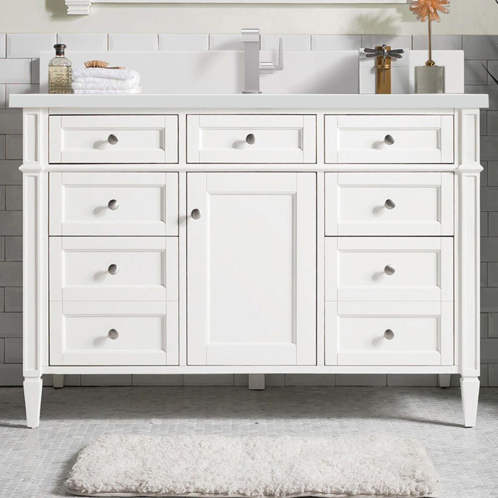 James Martin Vanities Brittany 48" Single Bathroom Vanity in Bright White with Single Hole 3 cm White Zeus Quartz Top and Rectangular Sink, , large