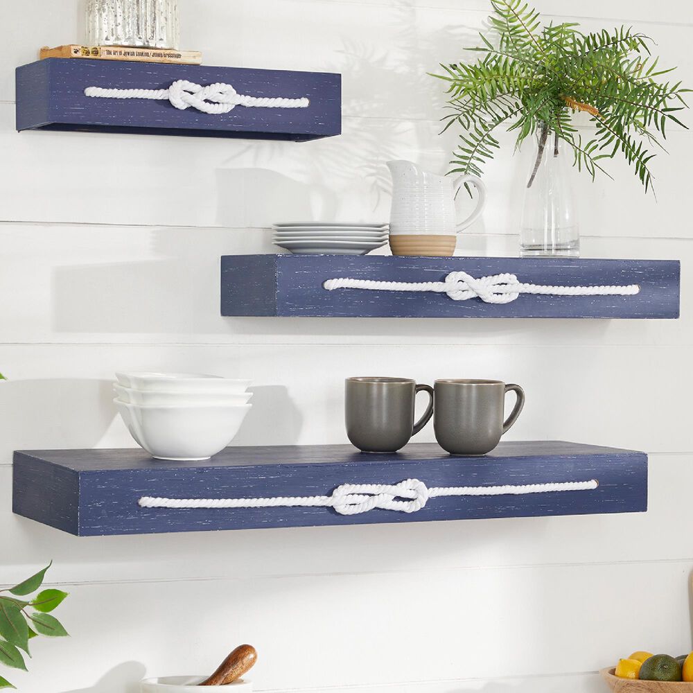 Maple and Jade 32&quot; x 3&quot; Wall Shelf in Ocean Blue and White &#40;Set of 3&#41;, , large