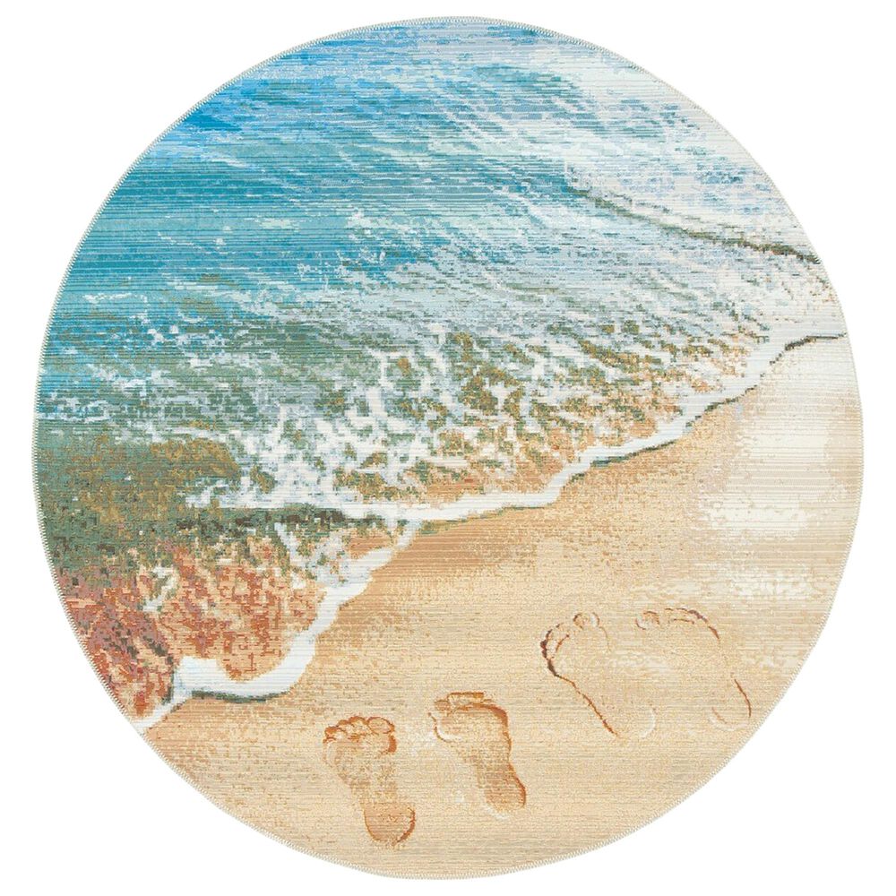 Safavieh Barbados Tropical Beach  5"3" Round Gold and Blue Indoor/Outdoor Area Rug, , large