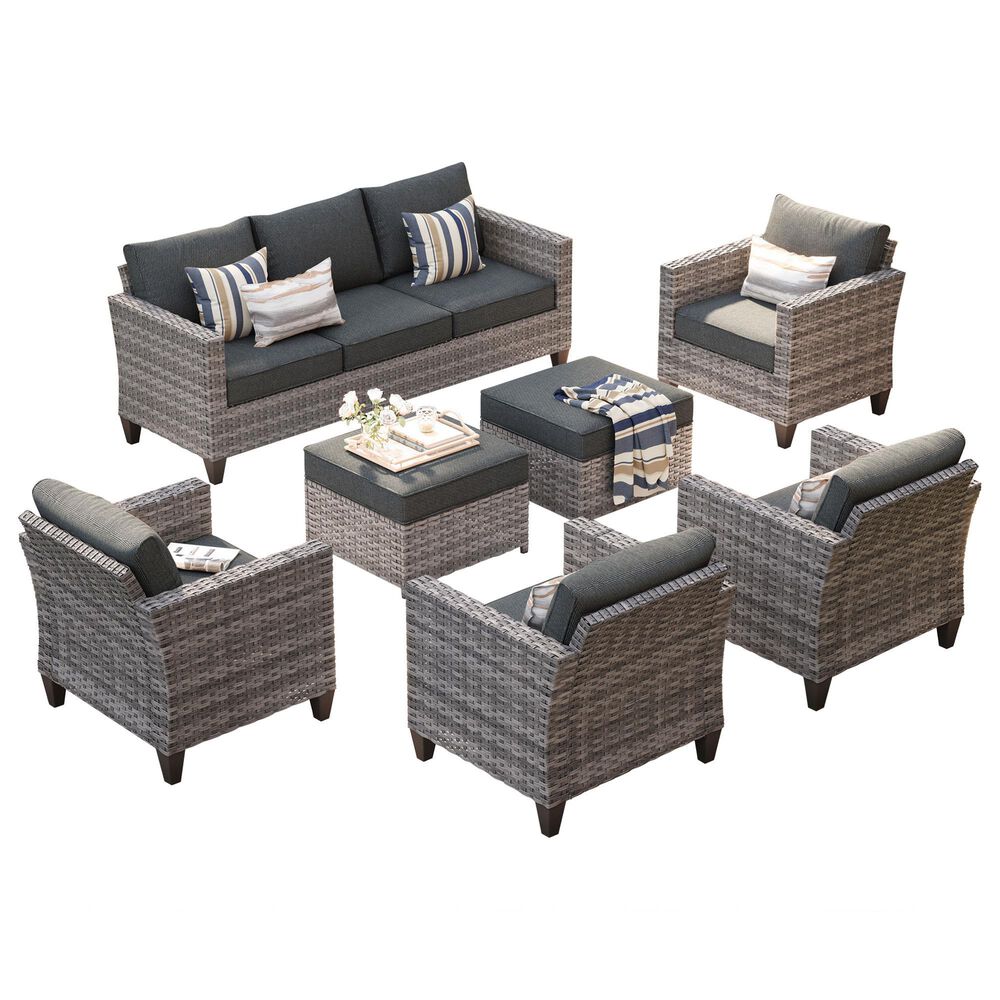 HOMLUX 7-Piece Rattan Sectional Set w/ Sofa + Footrests + Chairs, Black, , large