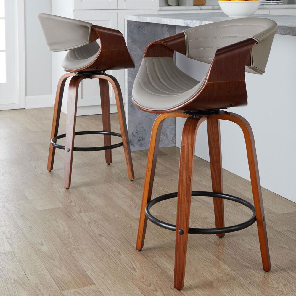LumiSource Symphony 26" Swivel Counter Stool with Grey Upholstery in Walnut and Black (Set of 2), , large