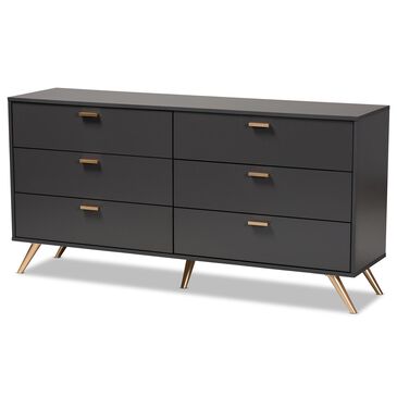 Baxton Studio Kelson 6-Drawer Dresser in Dark Grey/Gold, , large