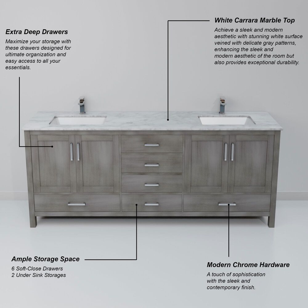 Lexora Home Jacques 72&quot; Double Bathroom Vanity in Distressed Grey with 2 cm White Carrara Marble Top and Rectangular Sinks, , large