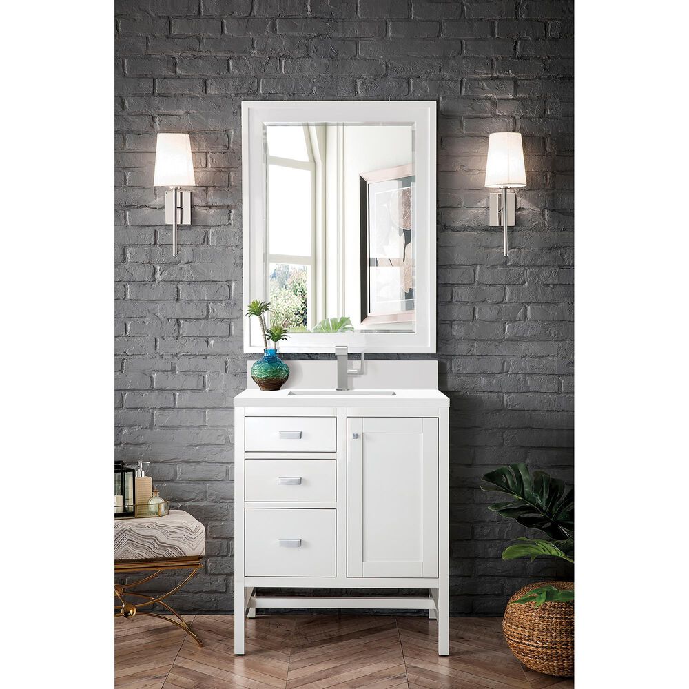 James Martin Vanities Addison 30&quot; Single Bathroom Vanity in Glossy White with Single Hole 3 cm White Zeus Quartz Top and Rectangular Sink, , large