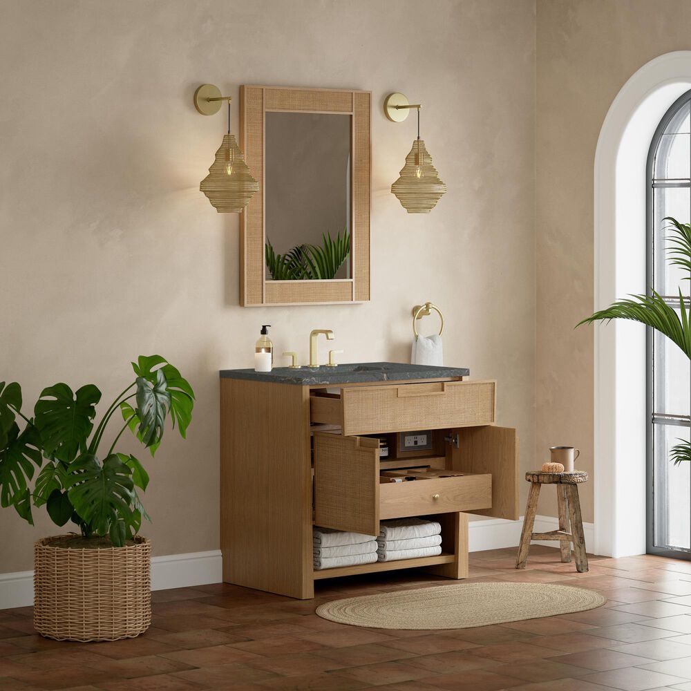 James Martin Vanities Solene 36&quot; Single Bathroom Vanity in Seaside Oak with 3 cm Parisien Bleu Quartz Top and Rectangular Sink, , large