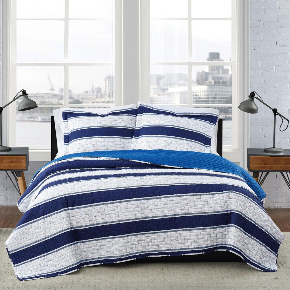 Pem America London Fog Watkins 3-Piece King Quilt Set in White and Blue, , large