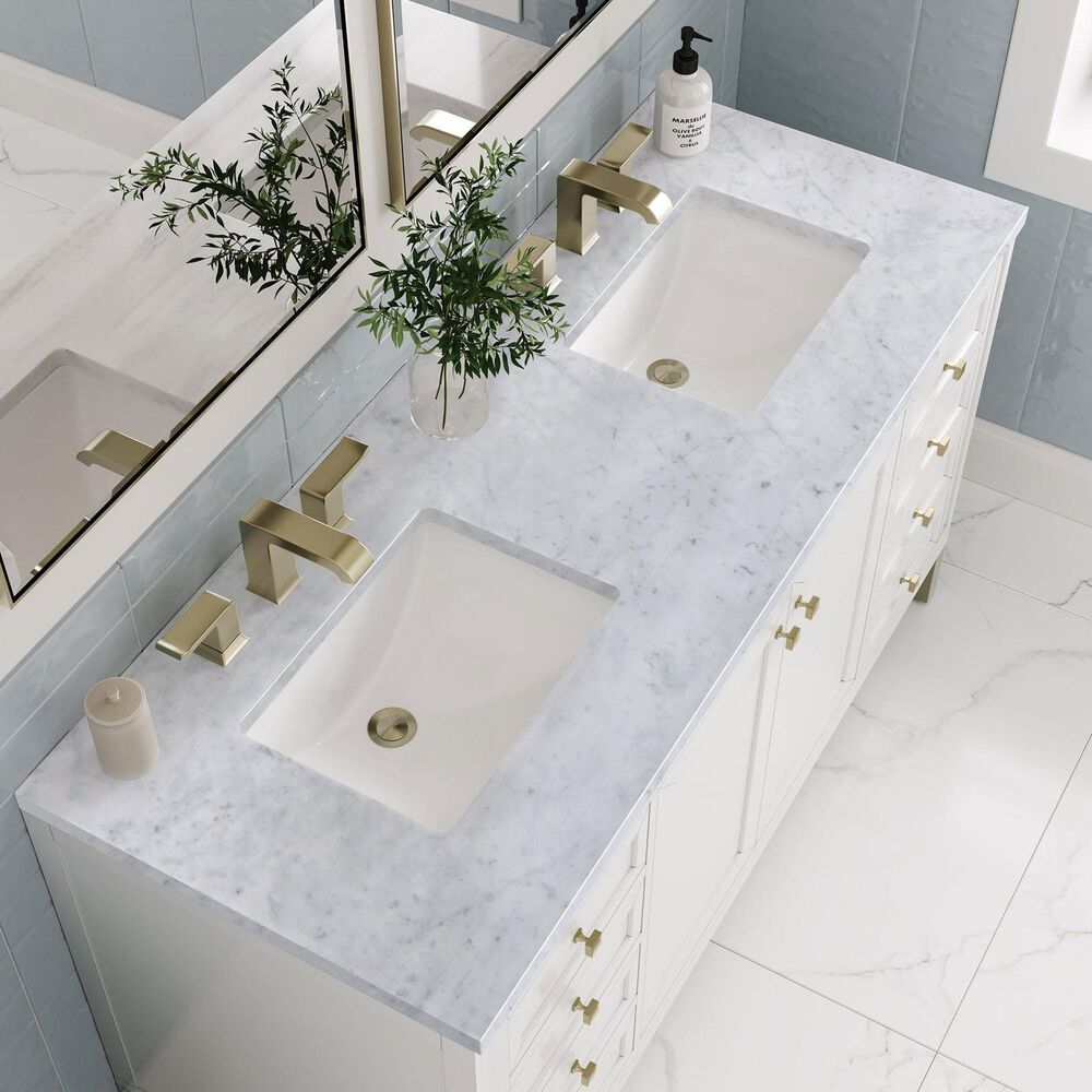 James Martin Vanities Chicago 60&quot; Double Bathroom Vanity in Glossy White with 3 cm Carrara White Marble Top and Rectangular Sinks, , large
