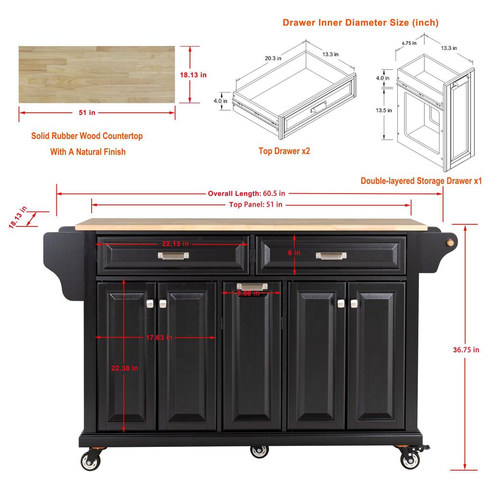 HOMLUX Kitchen Island with Rubber wood Countertop in Black, , large