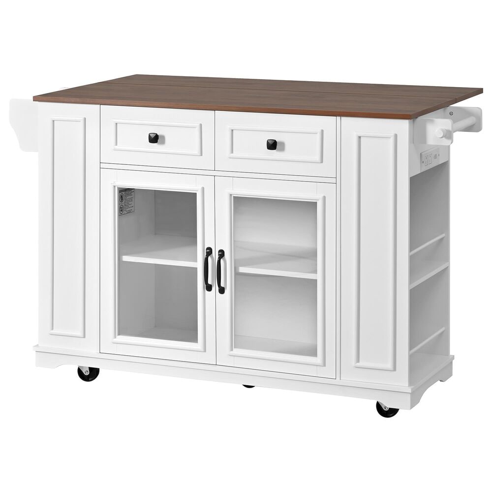 HOMLUX 54" Mobile Kitchen Island with Glass Door Storage in Walnut and White, , large