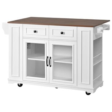 HOMLUX 54" Mobile Kitchen Island with Glass Door Storage in Walnut and White, , large