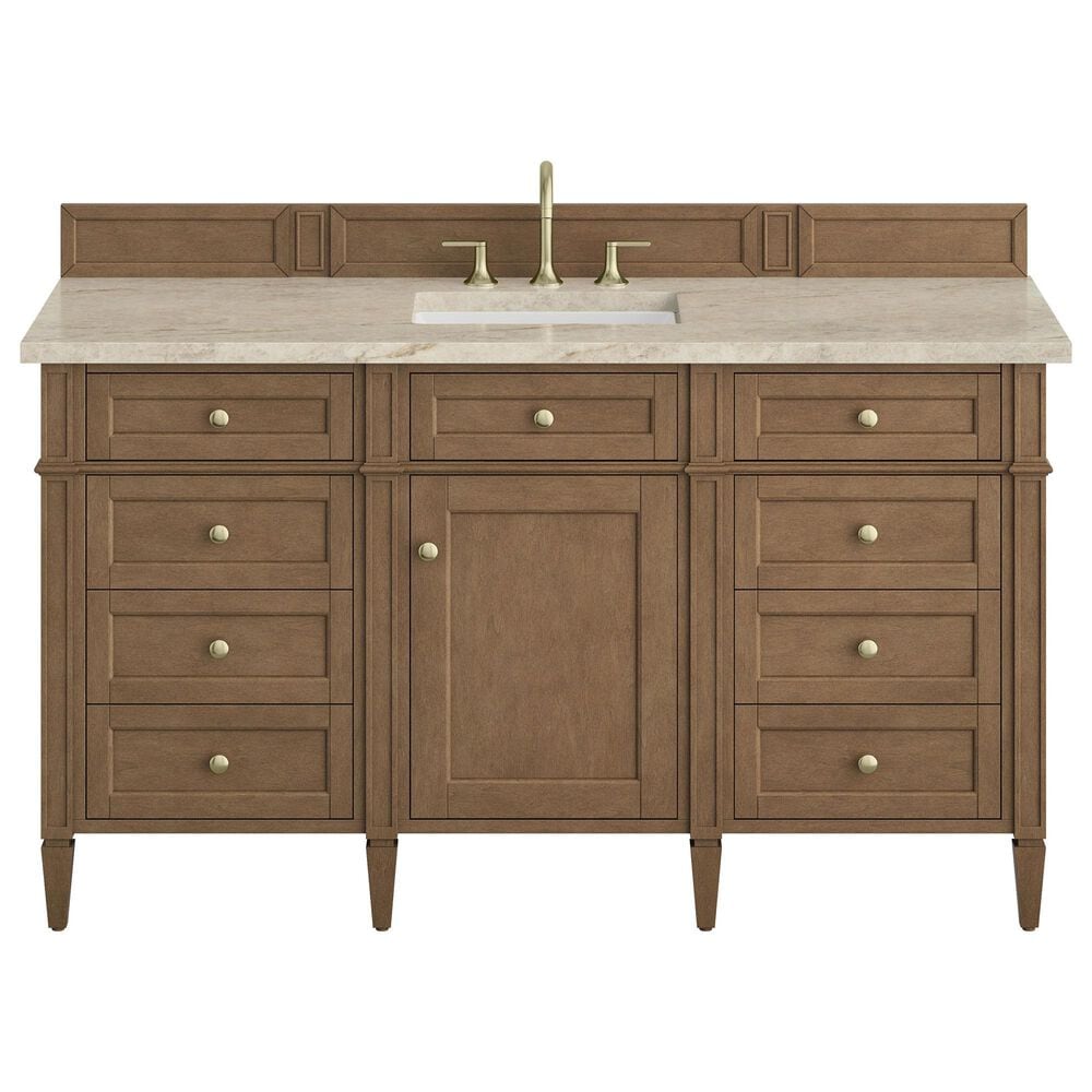 James Martin Brittany 60" Single Bathroom Vanity in Pecan with 3 cm Tajnar Eclos Top, Rectangular Sink and FreePower Wireless Charger, , large