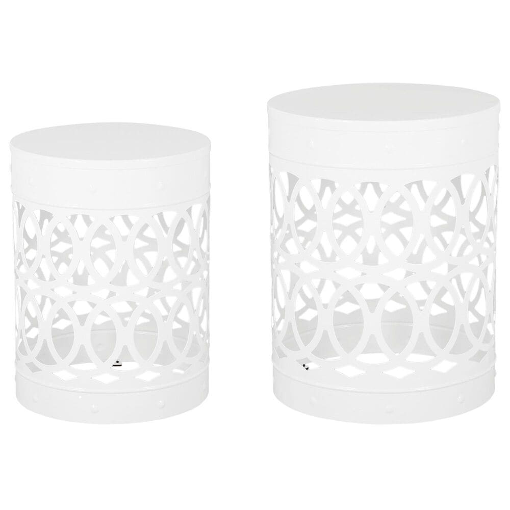 Hearth and Haven Cylindrical-Shaped Iron Patio End Table in White (Set of 2), , large