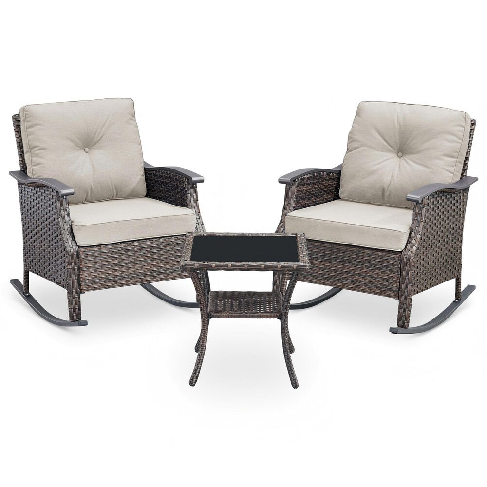 Sunwell Garden 3-Piece Patio Chat Set with Two Rocking Chair in Beige, , large