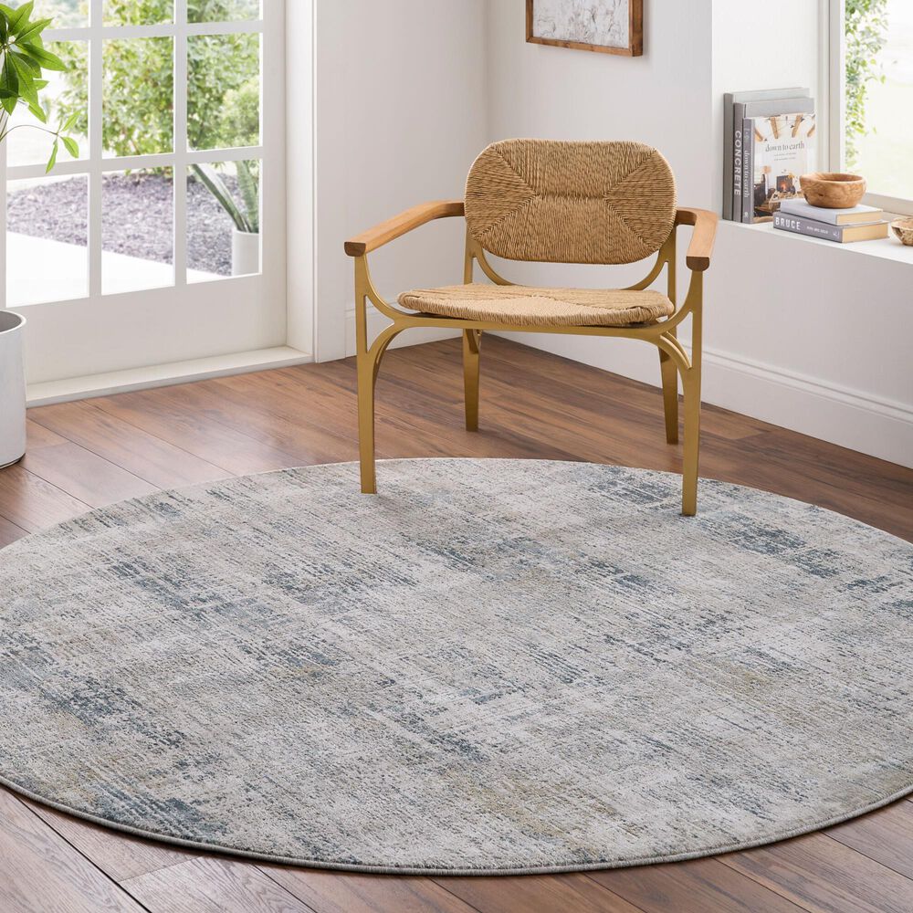 Surya Brunswick Cream, Light Gray, Charcoal, Blue, Dark Blue and Mustard 5"3" Round Area Rug, , large