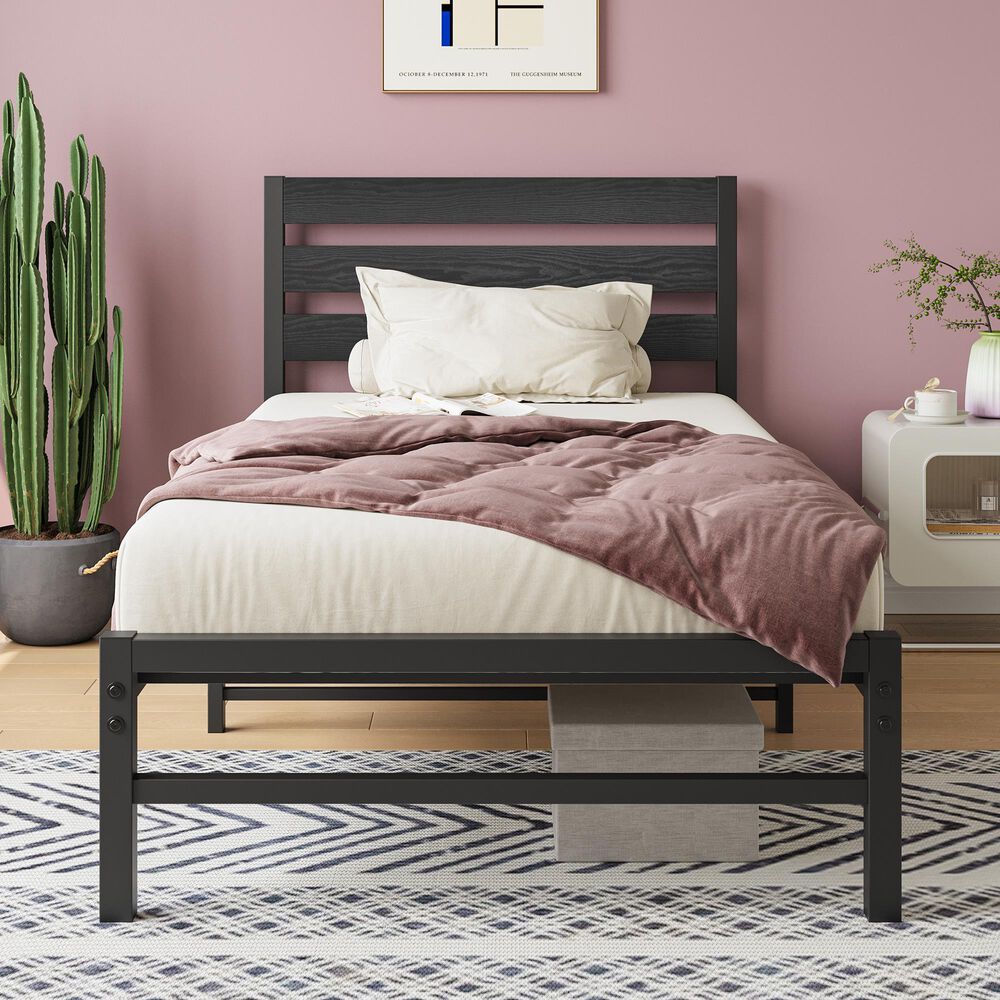 Hearth and Haven Twin Platform Bed Frame with Wood Headboard in Black, , large