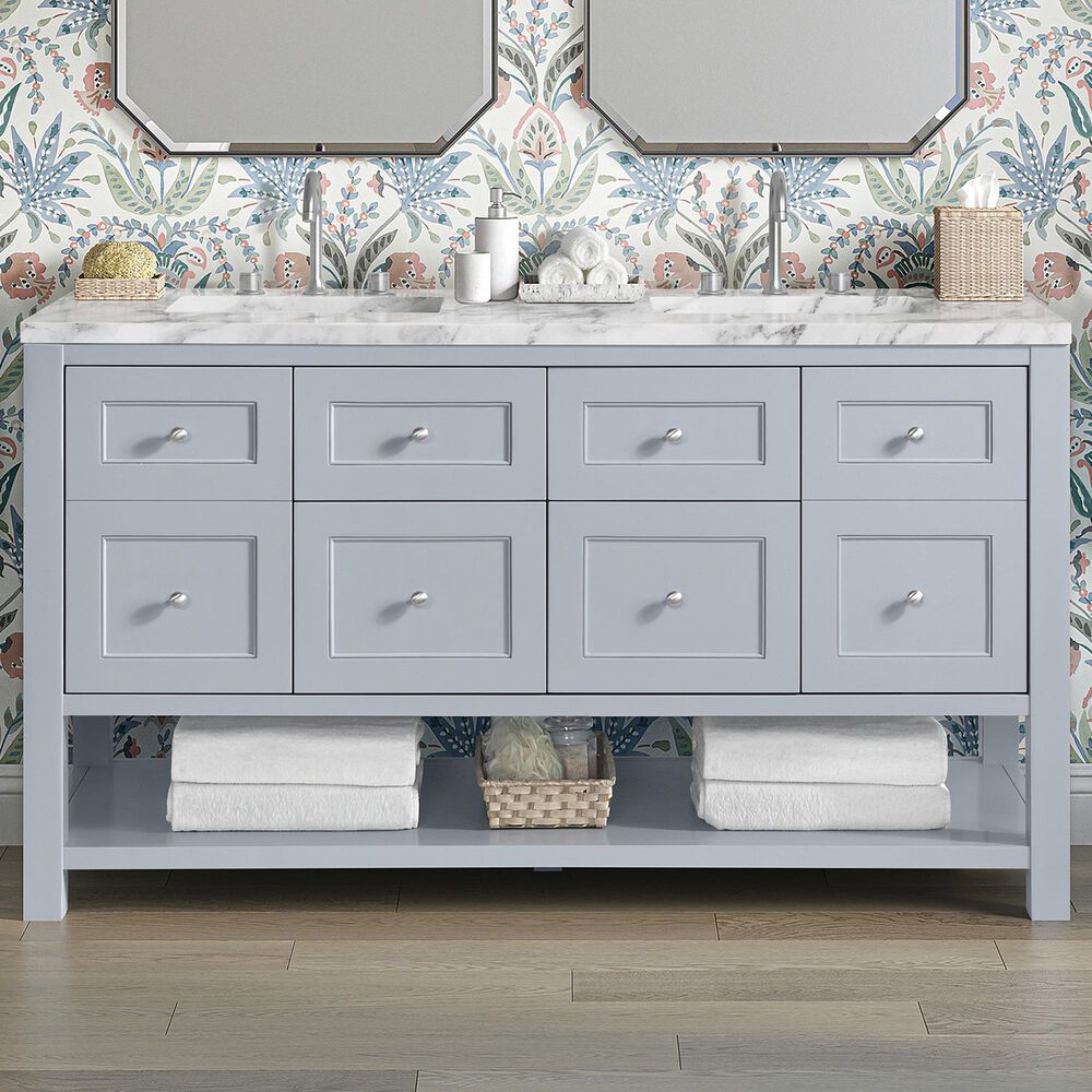 James Martin Vanities Breckenridge 60&quot; Double Bathroom Vanity in Serenity Blue with 3 cm Carrara White Marble Top and Rectangular Sinks, , large